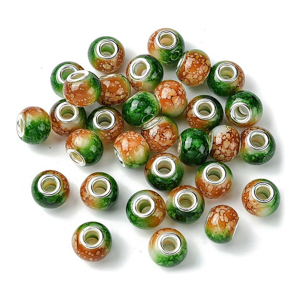 

PandaHall Two Tone Glass European Beads, Large Hole Beads, with Silver Tone Brass Double Cores, Rondelle, Green, 15x11mm, Hole: 5mm...