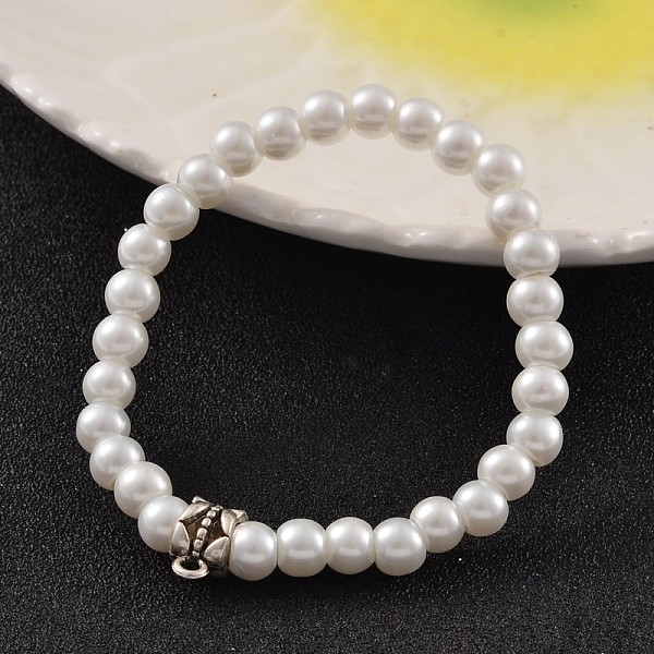 

PandaHall Round Glass Pearl Beaded Stretch Bracelets, with Tibetan Style Alloy Tube Bails, Antique Silver, White, 48mm Glass White