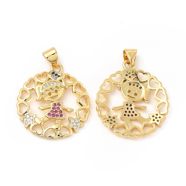 

PandaHall Brass Micro Pave Cubic Zirconia Pendant, Flat Round with Girl & Heart & Star Charm, Golden, Crimson, 24.5x21.5x2.5mm, Hole..., Pink
