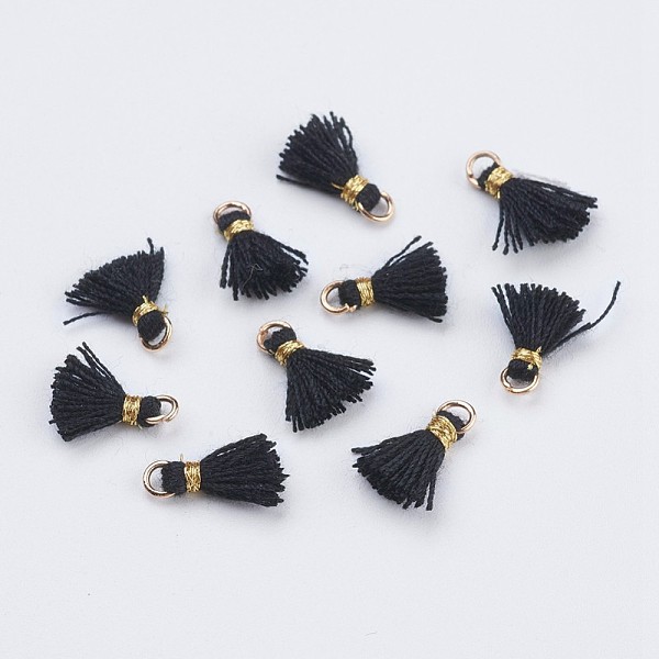 

PandaHall Nylon Tassels Pendant Decorations, Mini Tassel, with Golden Tone Iron Findings, Black, 10.5~14.5x2.5~3mm, Hole: 2mm Nylon Black
