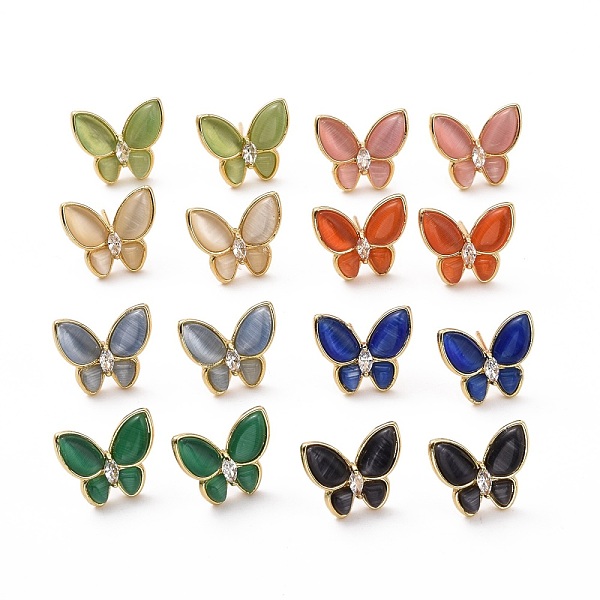 PandaHall Cat Eye Butterfly Stud Earrings with Clear Cubic Zirconia, Real 18K Gold Plated Brass Jewelry for Women, Cadmium Free & Lead Free...