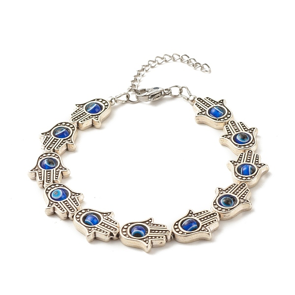 

PandaHall Hamsa Hand Tibetan Style Alloy Bracelets for Women, Evil Eye Resin Beaded Bracelets, with 304 Stainless Steel Lobster Claw Clasps..., Blue