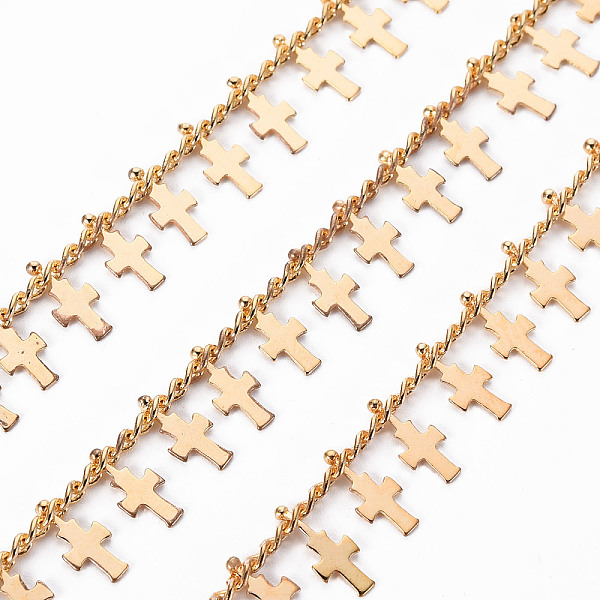 

PandaHall Handmade Brass Curb Chains, Soldered, with Spool, Cross Charms, Real 18K Gold Plated, 3x2x0.5mm, about 16.4 Feet(5m)/roll Brass