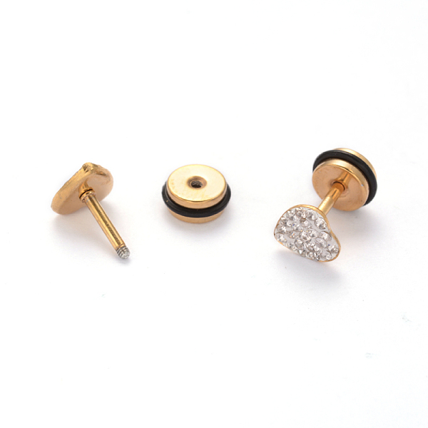 

PandaHall 304 Stainless Steel Heart Earlobe Plugs, Screw Back Earrings, with Polymer Clay Rhinestone, Golden, 7x7mm, Pin: 1mm Rhinestone..., Clear