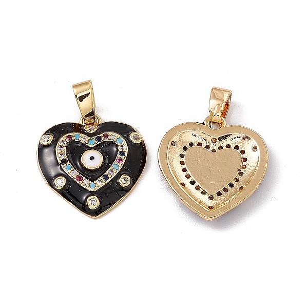 

PandaHall Brass Enamel Pendants, Micro Pave Cubic Zirconia, with Glass Rhinestone, Real 18K Gold Plated, Heart with Evi Eye Charm, Black...