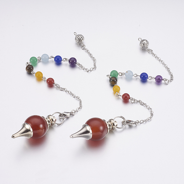 

PandaHall Natural Carnelian Sphere Dowsing Pendulums, with Mixed Stone and Brass Findings, Chakra, Round, Platinum, 240~245mm Carnelian...
