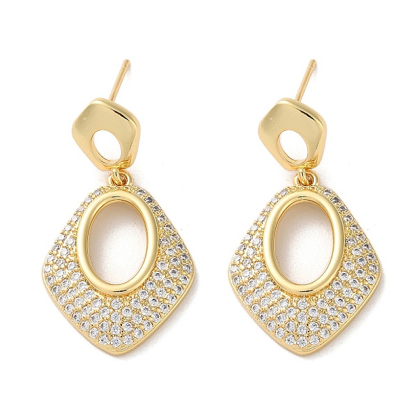 

PandaHall Brass Pave Cubic Zirconia Stud Earrings, Rhombus with Hollow Oval, Real 16K Gold Plated, 31.5x17.5mm Cubic Zirconia Rhombus Clear