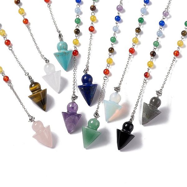 

PandaHall Mixed Gemstone Cone Dowsing Pendulum Pendants, with Chakra Gemstone Round Beads, Rack Plating Platinum Tone Brass Findings &...