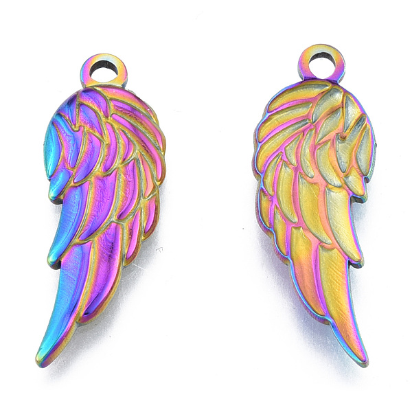 

PandaHall Ion Plating(IP) 201 Stainless Steel Pendants, Wing, Rainbow Color, 30.5x11x2.5mm, Hole: 2mm 201 Stainless Steel Wing