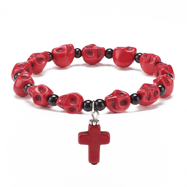 

PandaHall Natural Mashan Jade Skull Beaded Stretch Bracelet with Synthetic Turquoise(Dyed) Cross Charm, Gemstone Jewelry for Women, Red...