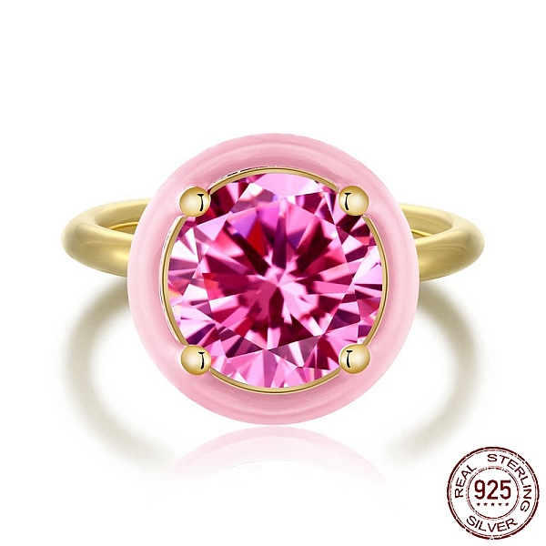 

PandaHall 925 Sterling Silver Rings, Birthstone Ring, Real 18K Gold Plated, with Enamel & Cubic Zirconia for Women, Flat Round, Pink, 1.8mm...