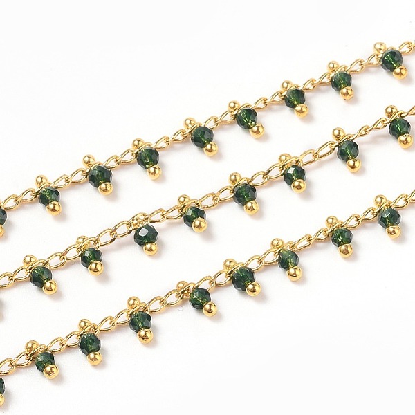 

PandaHall 3.28 Feet Handmade Glass Beaded Chains, with Brass Eye Pins, Golden, Soldered, Round, Faceted, Dark Green, 2.5x2x0.4mm, Beads...