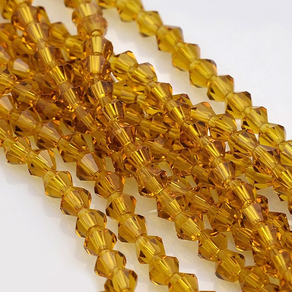

PandaHall Bicone Glass Beads Strands, Faceted, Goldenrod, 4x4mm, Hole: 1mm, about 82~85pcs/strand, 30.5~31cm Glass Bicone Gold