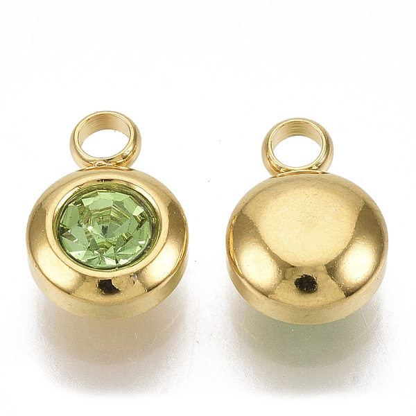 

PandaHall Rhinestone Charms, August Birthstone Charms, with 201 Stainless Steel, Flat Round, Golden, Peridot, 9x6.5x4mm, Hole: 1.8mm..., Green