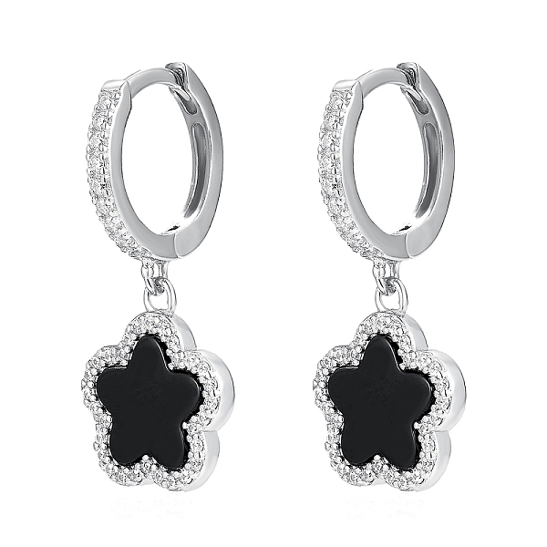 

PandaHall S925 Silver Black Agate Zircon Hoop Earrings, Flower Charms Sterling Silver Flower