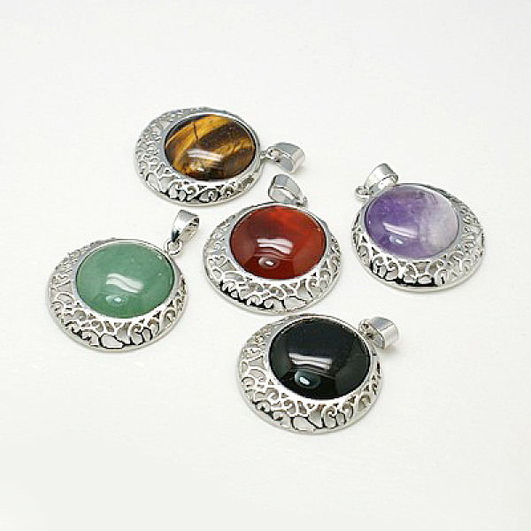 

PandaHall Natural Mixed Gemstone Pendants, with Brass Findings, Flat Round, Platinum Metal Color, 30x7mm, Tray: 21mm, Hole: 7x4mm Mixed..., Multicolor