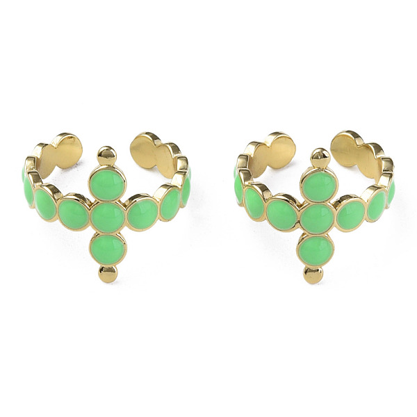 

PandaHall Enamel Cross Open Cuff Rings, Real 18K Gold Plated Brass Jewelry for Women, Nickel Free, Light Green, US Size 4 3/4(15.4mm) Brass