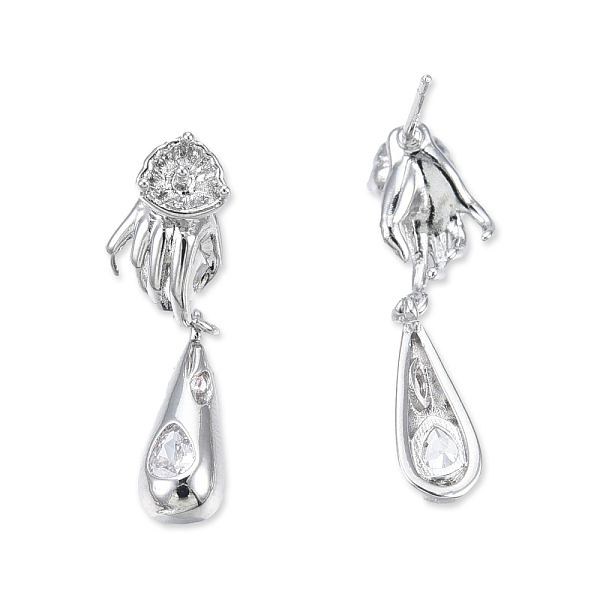 

PandaHall Brass Pave Clear Cubic Zirconia Hand with Teardrop Dangle Stud Earring Findings, for Half Drilled Beads, Cadmium Free & Nickel...