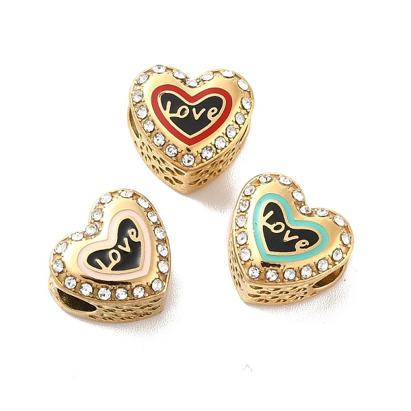 

PandaHall 304 Stainless Steel European Beads, Large Hole Beads, with Rhinestone and Enamel, Heart with Word Love, Golden, Mixed Color..., Multicolor