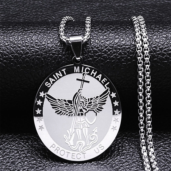 

PandaHall Stainless Steel Box Chain Necklace for Men, St.Michael Cathedral Medal Pendant Necklaces Stainless Steel
