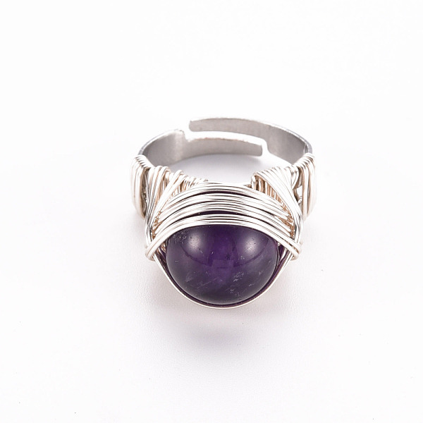 

PandaHall Adjustable Gemstone Round Finger Rings, with Brass Findings, US Size 7 1/4(17.5mm) Amethyst