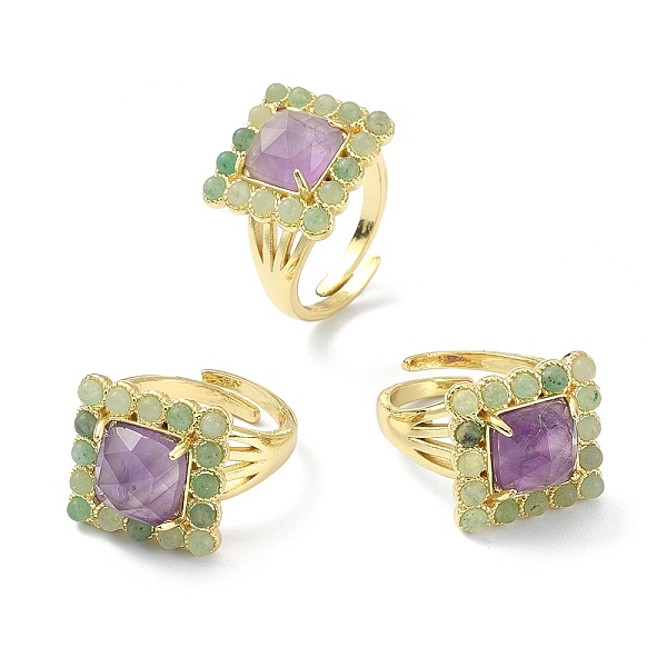 

PandaHall Natural Amethyst & Green Aventurine Rectangle Adjustable Ring, Real 18K Gold Plated Brass Wide Ring for Women, Inner Diameter...