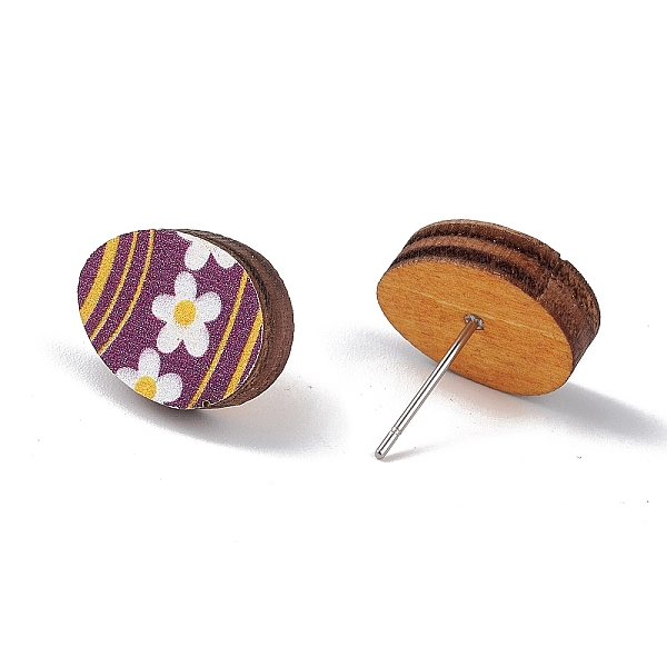

PandaHall Natual Wood Easter Stud Earrings, 316 Stainless Steel Jewelry for Women, Egg Pattern, 14x11mm, Pin: 0.6mm Wood Egg
