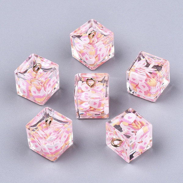 

PandaHall Transparent Epoxy Resin Pendants, with Polymer Clay Inside and Golden Plated Iron Loop, Cube with Cake Inside, Pearl Pink...