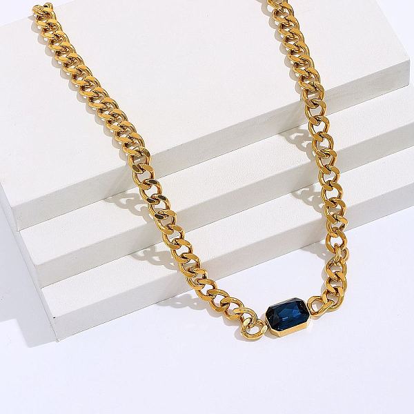 

PandaHall Cubic Zirconia Rectangle Pendant Necklace, with Golden Stainless Steel Cuban Link Chains, Prussian Blue, 18.90 inch(48cm) Cubic...