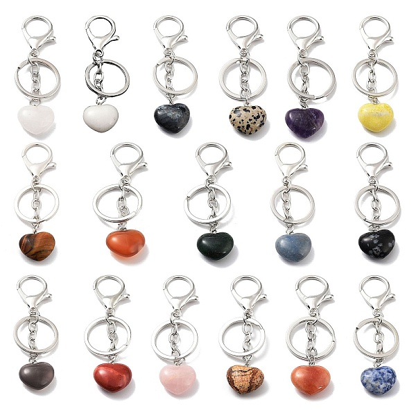 

PandaHall Natural Mixed Gemstone Keychain, with Platinum Plated Iron Split Key Rings, Heart, 9~9.2cm Mixed Stone Heart