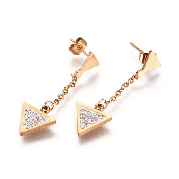 

PandaHall 304 Stainless Steel Dangle Stud Earrings, with Chain, Crystal Rhinestone and Ear Nuts/Earring Back, Triangle, Golden, 32mm, Pin..., Clear