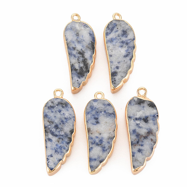 

PandaHall Natural Blue Spot Jasper Pendants, with Light Gold Plated Iron Loop, Wing, 33~33.5x12~13x5~6mm, Hole: 1.8mm Blue Spot Jasper Wing