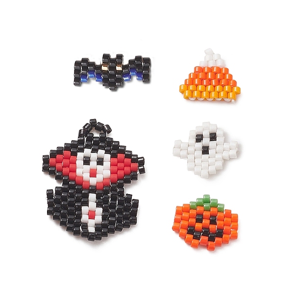 PandaHall 5Pcs 5 Style Handmade Loom Pattern MIYUKI Seed Beads, Witch & Bat & Ghost & Pumpkin Pendants, for Halloween, Mixed Color...