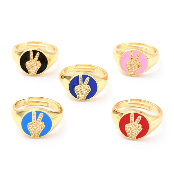 

PandaHall Adjustable Real 18K Gold Plated Brass Enamel Finger Ringss, with Clear Cubic Zirconia, Flat Round with Gesture Language, Victory..., Multicolor