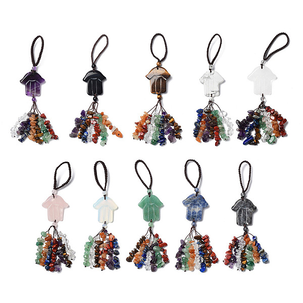 

PandaHall Hamsa Hand/Hand of Miriam Gemstone Pendant Decorations, Nylon Cord and Gemstone Chip Tassel Hanging Ornaments, 155~160mm Mixed...