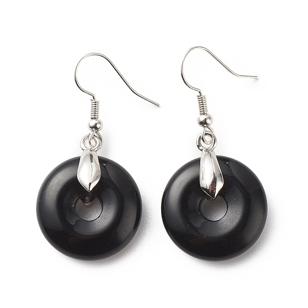 Natural Obsidian Donut Dangle Earrings