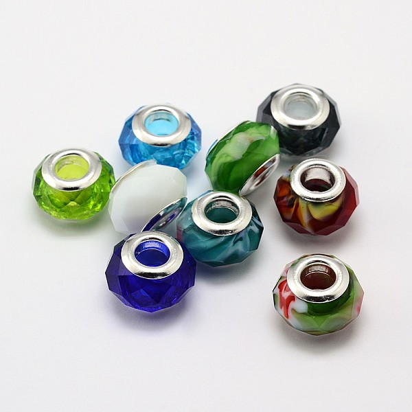

PandaHall Faceted Glass Large Hole Rondelle European Beads, with Double Silver Color Plated Brass Cores, Mixed Color, 14x9mm, Hole: 4.5mm..., Multicolor