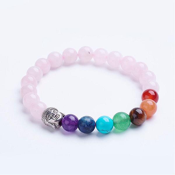 

PandaHall Chakra Jewelry, Natural Rose Quartz Beaded Stretch Bracelets, with Alloy Spacer Beads, Antique Silver, 1-3/4 inch(45mm) Rose...
