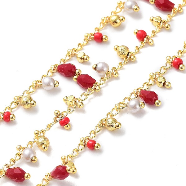 

PandaHall Handmade Brass Curb Chains, with Glass Charms, Real 18K Gold Plated, Soldered, with Spool, Red, 3mm Brass+Glass Red
