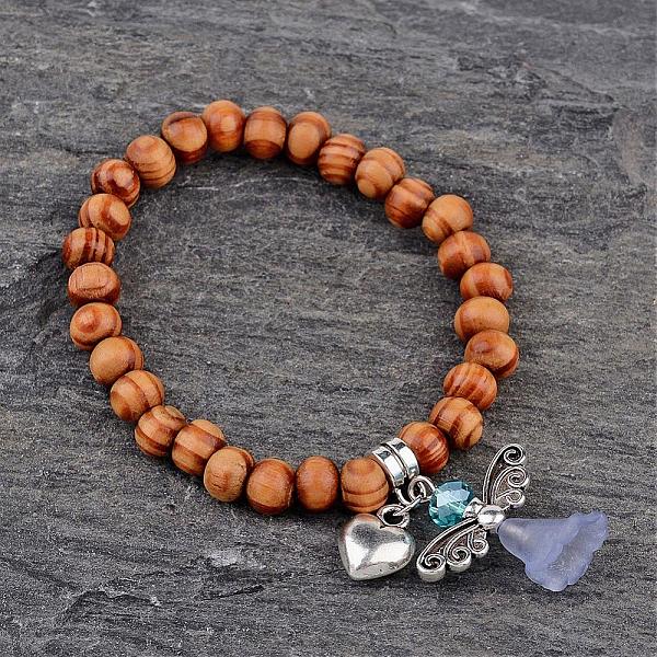 

PandaHall Alloy Acrylic Charm Bracelets, with Round Wood Beads, Lovely Wedding Dress Angel Dangle, Light Blue, 46mm Wood Blue