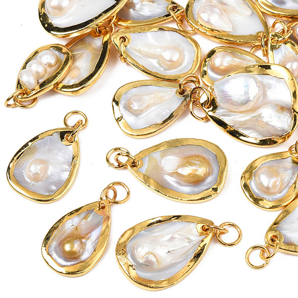 

PandaHall Natural White Shell Pendants, with Light Gold Plated Brass Edge, Teardrop, Seashell Color, 17~21x10~22x3.5~8.5mm, Jump Ring...