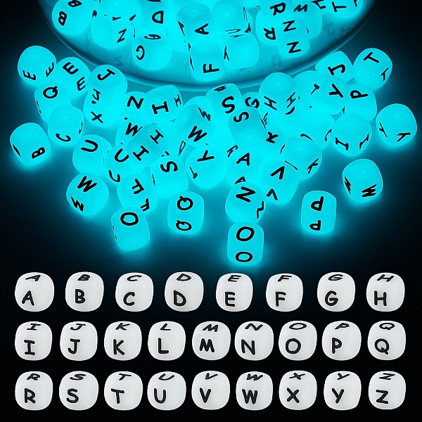 

PandaHall 104 Pcs Luminous Cube Silicone Beads Letter Square Dice Alphabet Beads with 2mm Hole Spacer Loose Letter Beads for Bracelet..., White