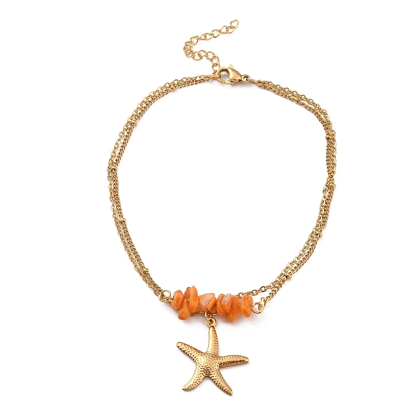 

PandaHall Dyed Natural Shell Chips Charms Anklet, Golden 304 Stainless Steel Chains Double Layer Anklet, Starfish, 8-7/8 inch(22.5cm) Shell...