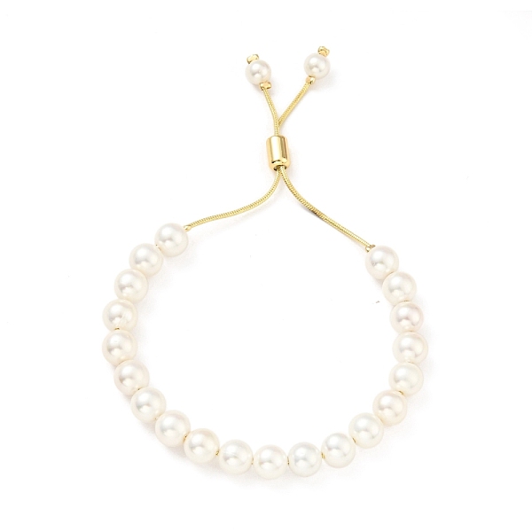 Shell Pearl Beaded Slider Bracelet with Brass Snake Chain, Lead Free & Cadmium Free, Real 18K Gold Plated, Beads: 8mm, Inner Diameter: 1-1/2-2-1/2 inch(3.75-6.4cm)