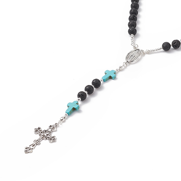 

PandaHall Natural Lava Rock & Synthetic Green Turquoise Rosary Bead Necklace, Alloy Virgin Mary & Cross Pendant Necklace for Women, 24.41...
