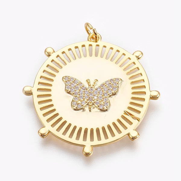 

PandaHall Brass Micro Pave Cubic Zirconia Pendants, Long-Lasting Plated, Flat Round with Butterfly, Lead Free & Nickel Free & Cadmium Free..., Clear