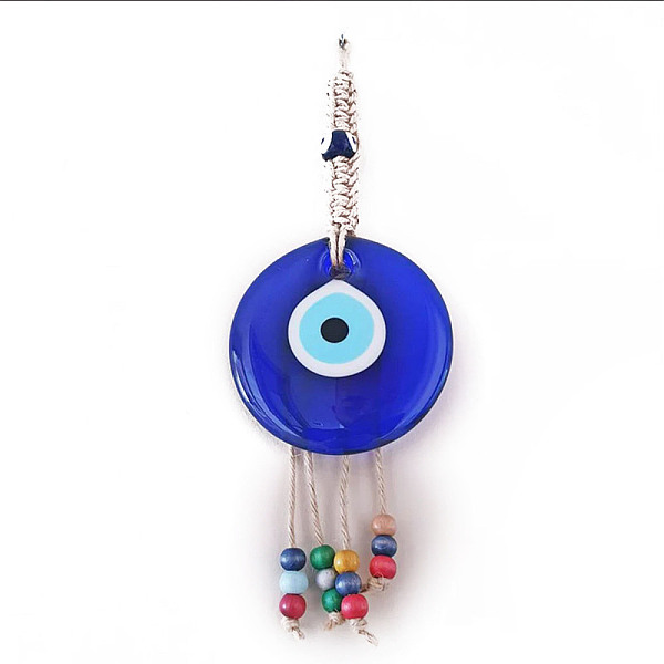 

PandaHall Flat Round with Evil Eye Glass Tassel Pendant Decorations, Braided Hemp Rope Hanging Ornaments, with Random Color Wooden Beads...
