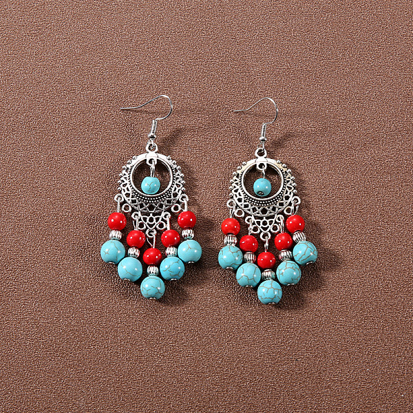 

PandaHall Bohemian tassel turquoise earrings, retro ethnic minority style earrings, personalized temperament, Tibetan ear accessories Alloy..., Green