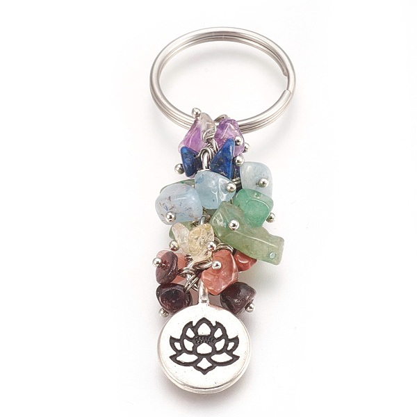 

PandaHall Natural Gemstone Keychain, with Brass Findings, Flat Round with Lotus, 75mm, Pendant: 20x15x2mm Mixed Stone Flat Round Multicolor