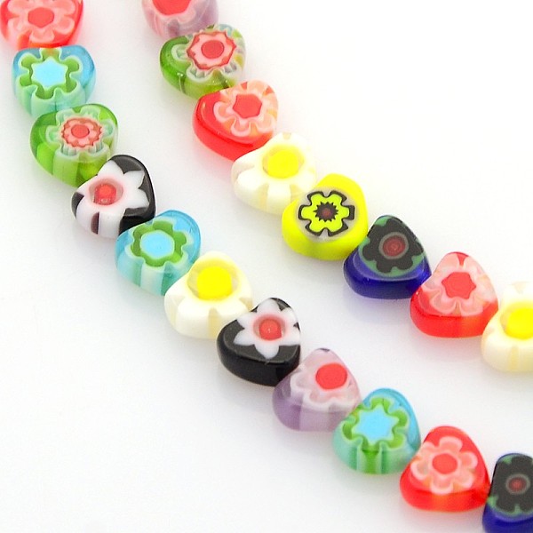 

PandaHall Handmade Millefiori Glass Bead Strands, Heart, Mixed Color, 6x6x3mm, Hole: 1mm, about 75pcs/strand, 16 inch Millefiori Lampwork..., Multicolor